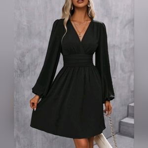 * NEW Chic Ruched Waist Lantern Sleeve Dress Black